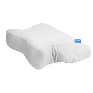White form-fitting CPAP pillow replacement cover on a contoured therapy pillow, showing elasticized edges and shaped pillowcase design