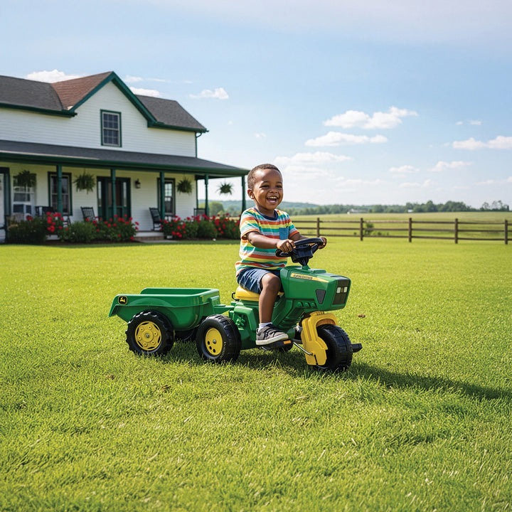 John Deere 3-Wheeled Pedal Tractor With Trailer
