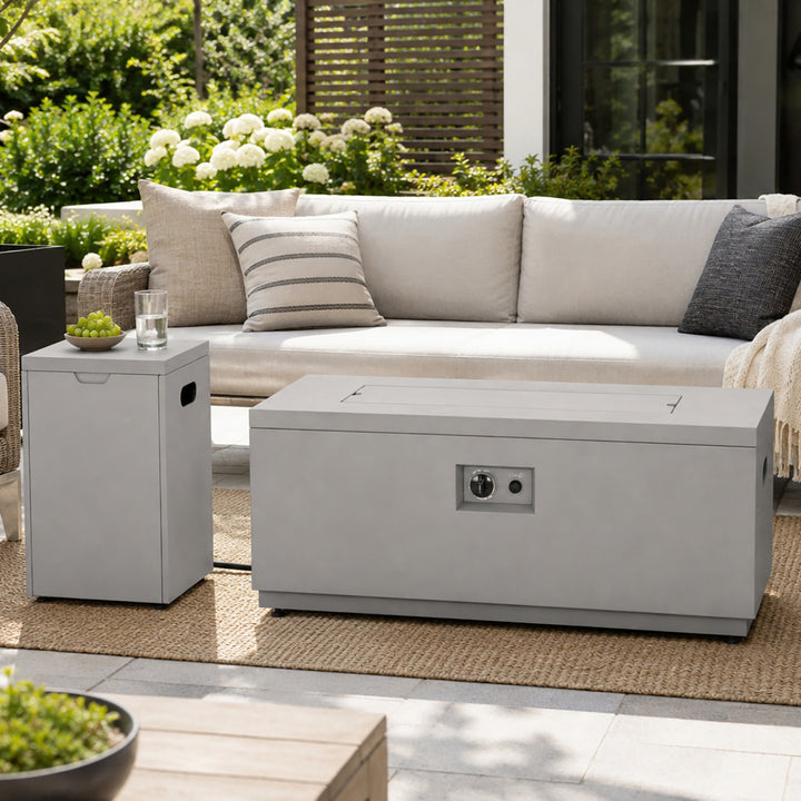 Modern Rectangular Fire Pit Table with Lid and Gas Tank Cover