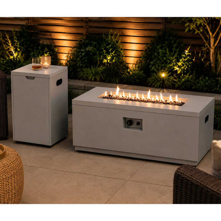 Modern Rectangular Fire Pit Table with Lid and Gas Tank Cover