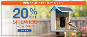 Memorial Day Early Access 20% off with code EARL20. Video Camera Bird Feeder with bird in spring setting.
