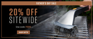 Promotional banner for Father's Day sale with a grill cleaning tool and text overlay.
