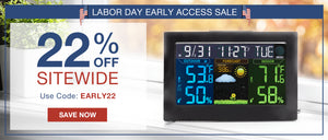 A digital weather forecast display screen shown in a promotional sale banner. The screen displays outdoor and indoor temperatures, humidity, and a weather forecast.