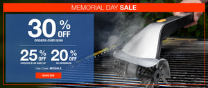 Memorial Day sale advertisement with grill cleaning tool and discount information.