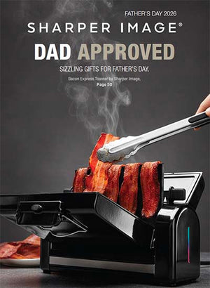 Sharper Image bacon Express toaster with smoking bacon, promotional text for Father's Day gifts.