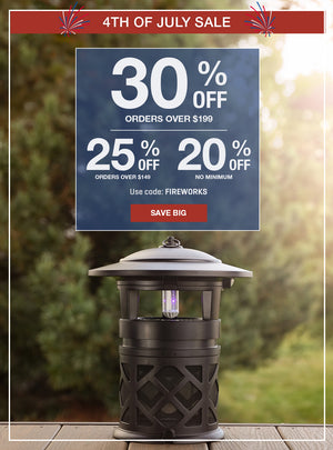Promotional graphic with outdoor lamp and July 4th sale text overlay