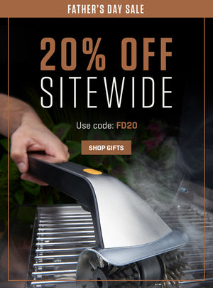Promotional graphic for Father's Day sale with a smoker grill and '20% off sitewide' text.