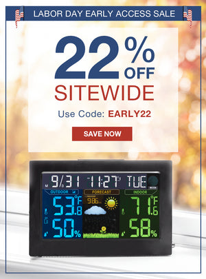 A promotional sale graphic for a digital weather display clock. The ad shows large text reading '22% OFF SITEWIDE' with 'Use Code: EARLY22' and a 'SAVE NOW' button, above a black rectangular weather screen displaying outdoor and indoor temperature, humidity, and forecast information.