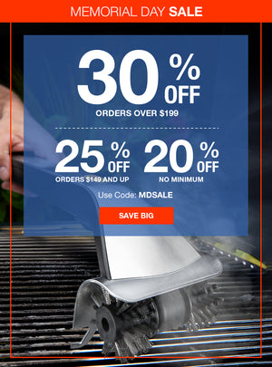 Memorial Day sale advertisement with grill cleaning brush and discount information.