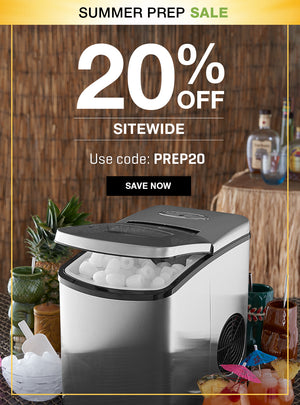 Ice maker with ice cubes on a table with a summer prep sale banner overlay.